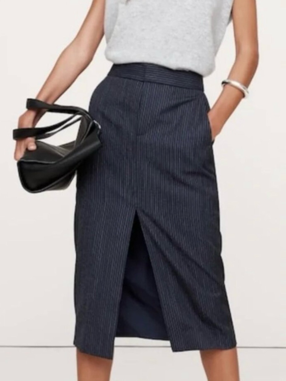 Banana Republic Navy Pinstripe Front-Slit Midi Skirt